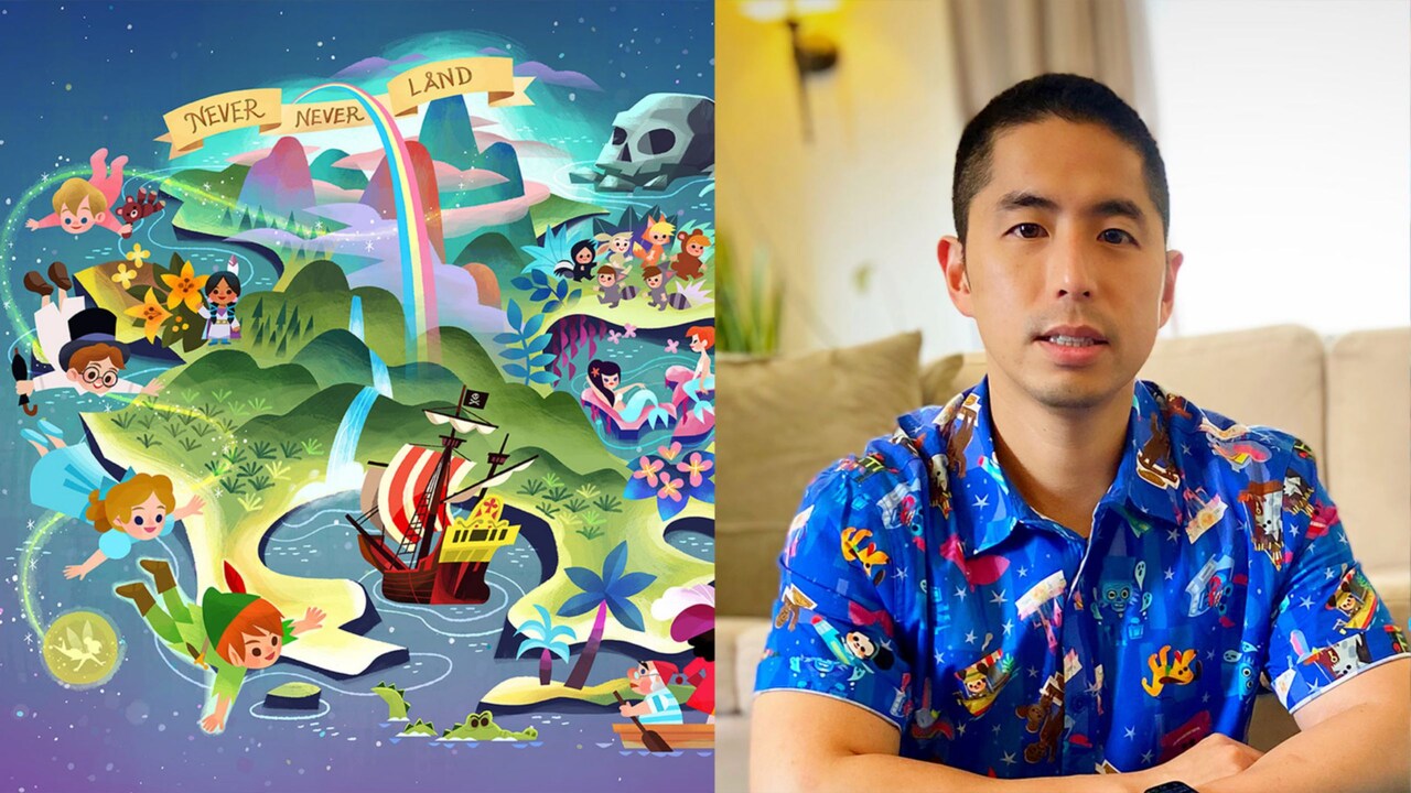 Artist Joey Chou and his artwork of characters from Peter Pan and Never Never Land