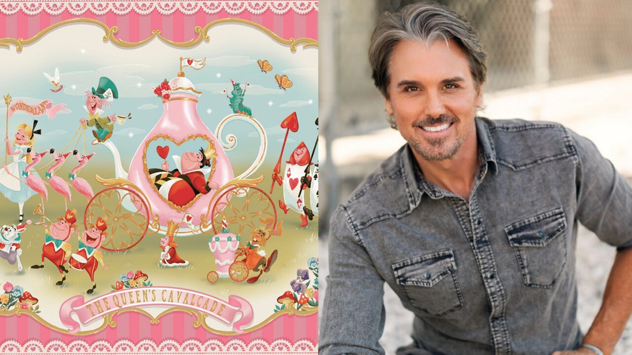 Artist John Coulter and his artwork of characters from Alice in Wonderland