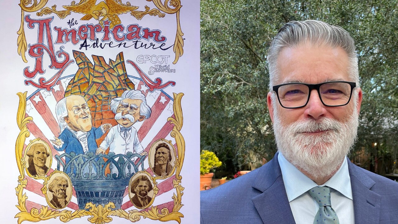 Artist John Quinn and his artwork of The American Adventure
