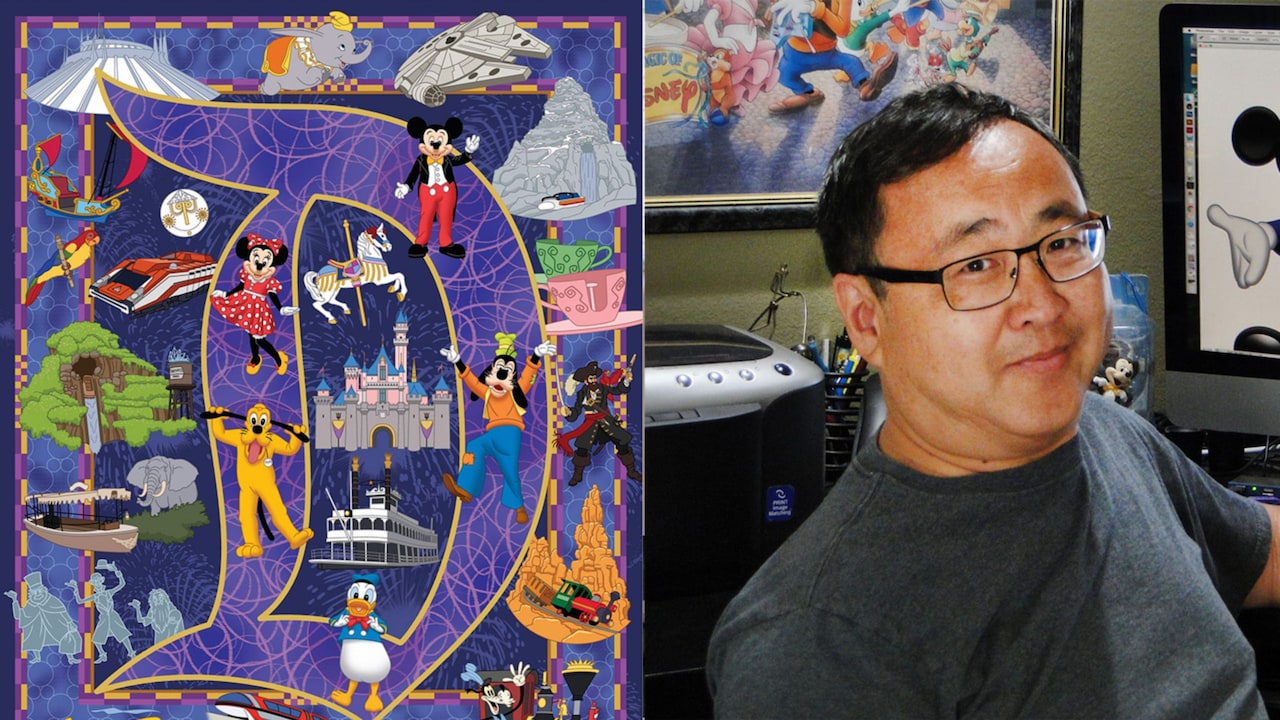 Artist Kenny Yamada and his artwork of various Disneyland attractions and Disney Characters