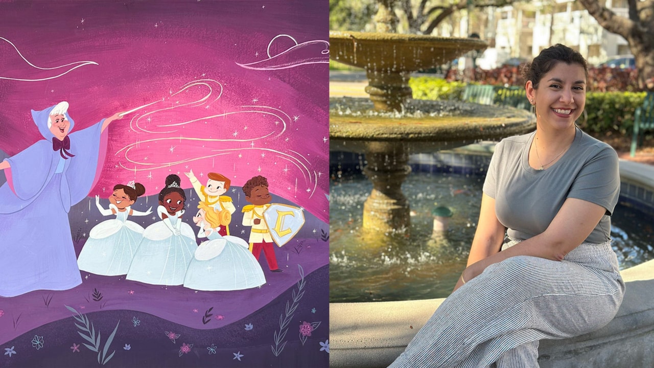 Artist Rosana Larusso and her artwork featuring the Fairy Godmother and various Disney Princesses and Princes