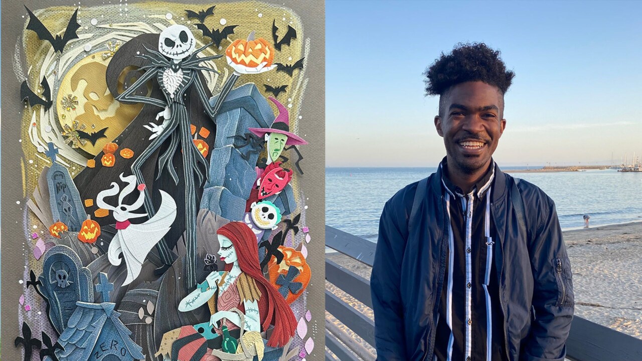Artist Ryan Riller and his artwork featuring characters from Tim Burton’s The Nightmare Before Christmas