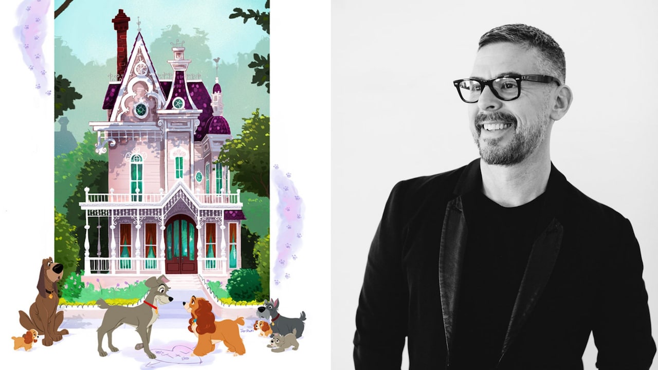 Artist Steve Thompson and his artwork featuring characters from Lady and the Tramp