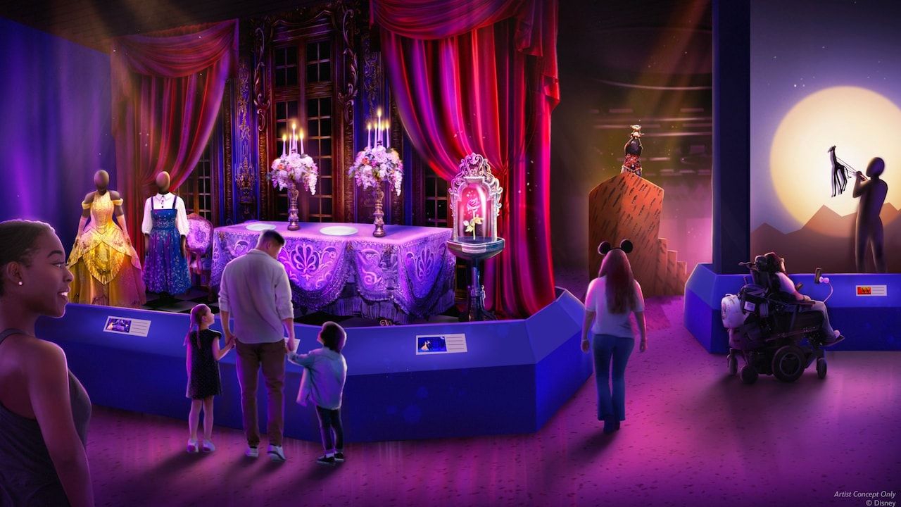 Artist rendering of Guests walking through the Once Upon A Stage: The Magic of Disney on Broadway exhibit at the 2026 Epcot International Festival of the Arts