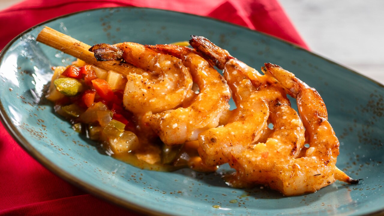 Grilled Bushberry Spiced Shrimp Skewer, with sweet and sour vegetables and coconut chili sauce
