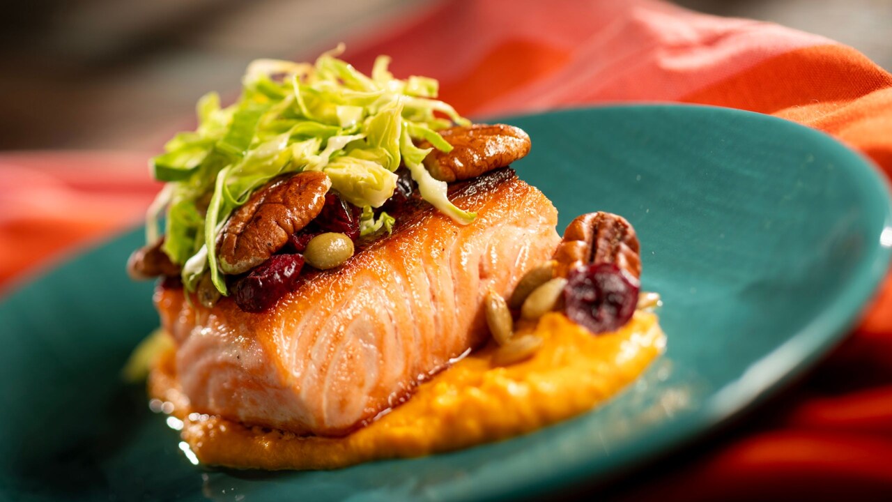 Cast Iron Seared River Trout, with puréed vanilla butternut squash and candied pecans