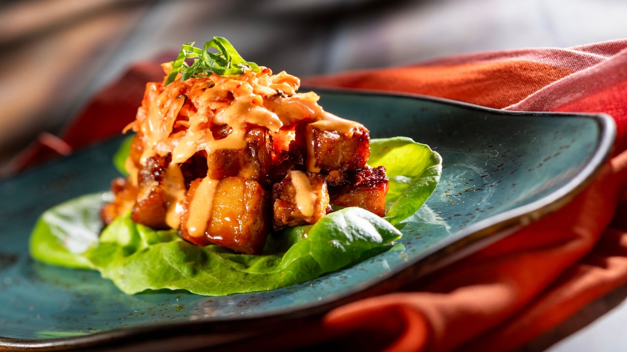 Bo Ssam Pork Belly Lettuce Wrap, with cheese curds, gochujang gravy and kimchi pickles