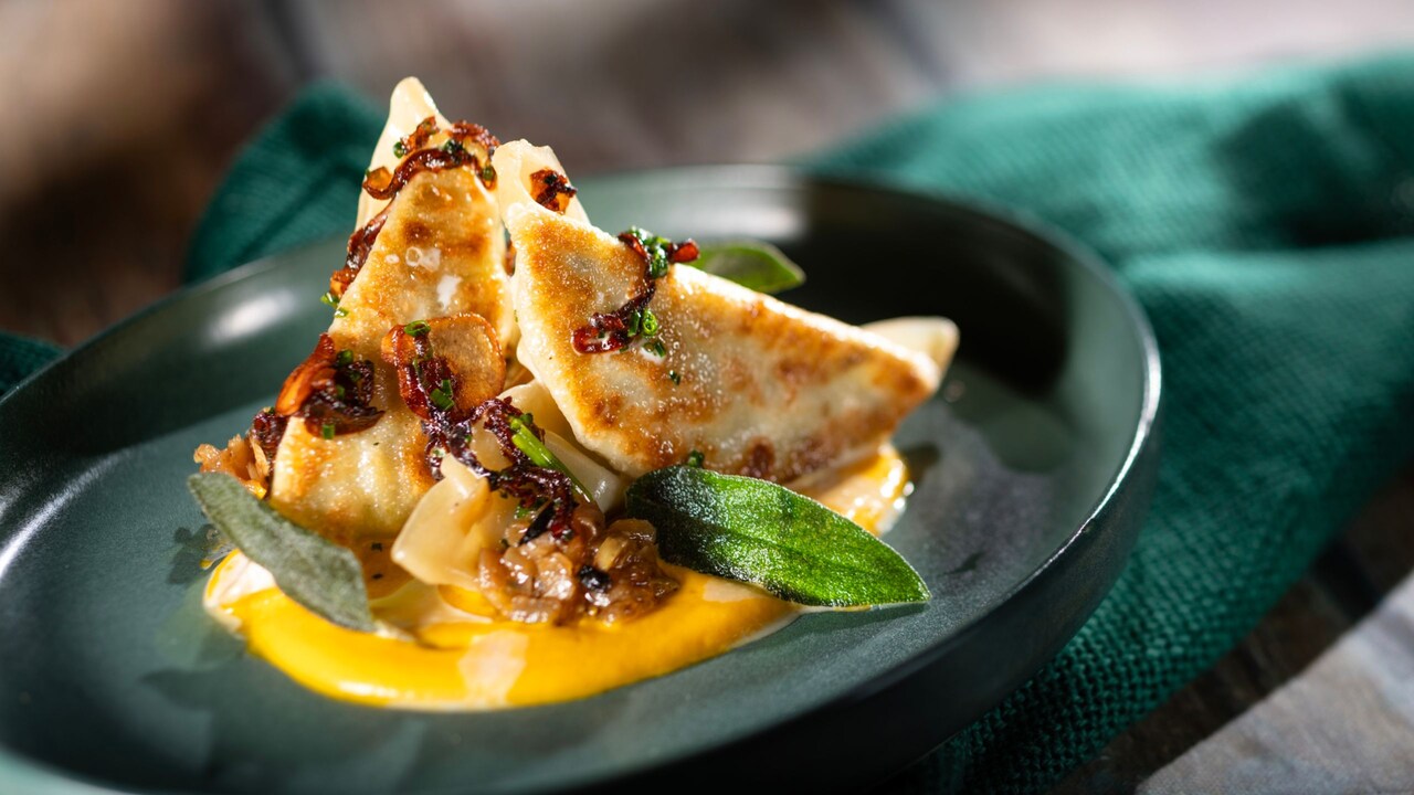 Edamame Dumplings, with puréed butternut squash, caramelized onions, sage and garlic aillade