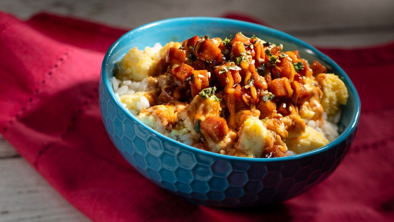 Hawaiian Rice Bowl, with spam, eggs, eel sauce, spicy mayonnaise and furikake