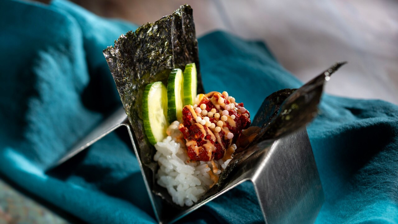 Spicy Temaki Handroll, with spicy tuna, cucumber, rice cracker and spicy mayonnaise sauce