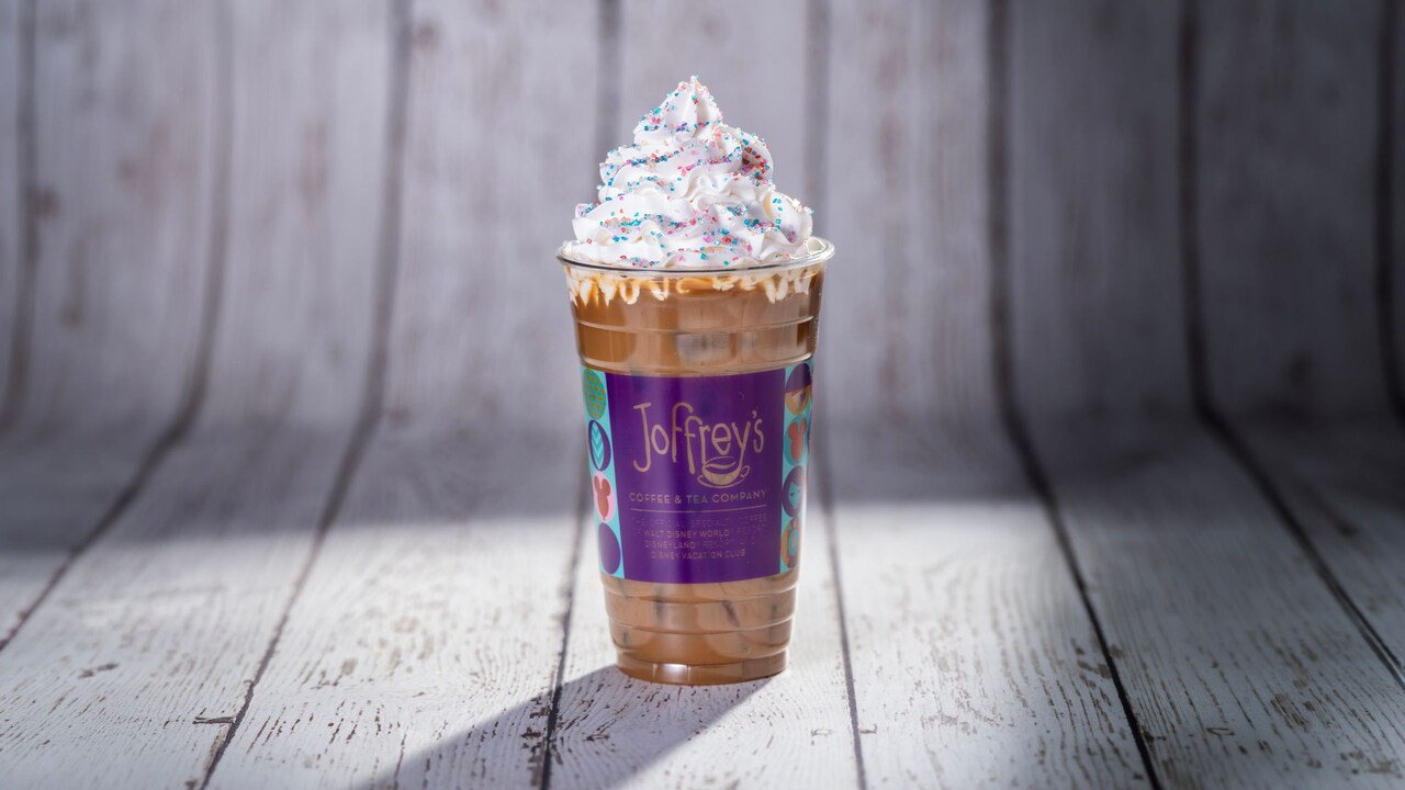 Dolce Affogato Cold Brew drink with whipped cream and sugar sprinkles at Joffrey’s Coffee & Tea