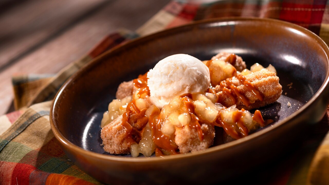 Apple Cinnamon Caramel Churro Bites Sundae, with a scoop of vanilla ice cream