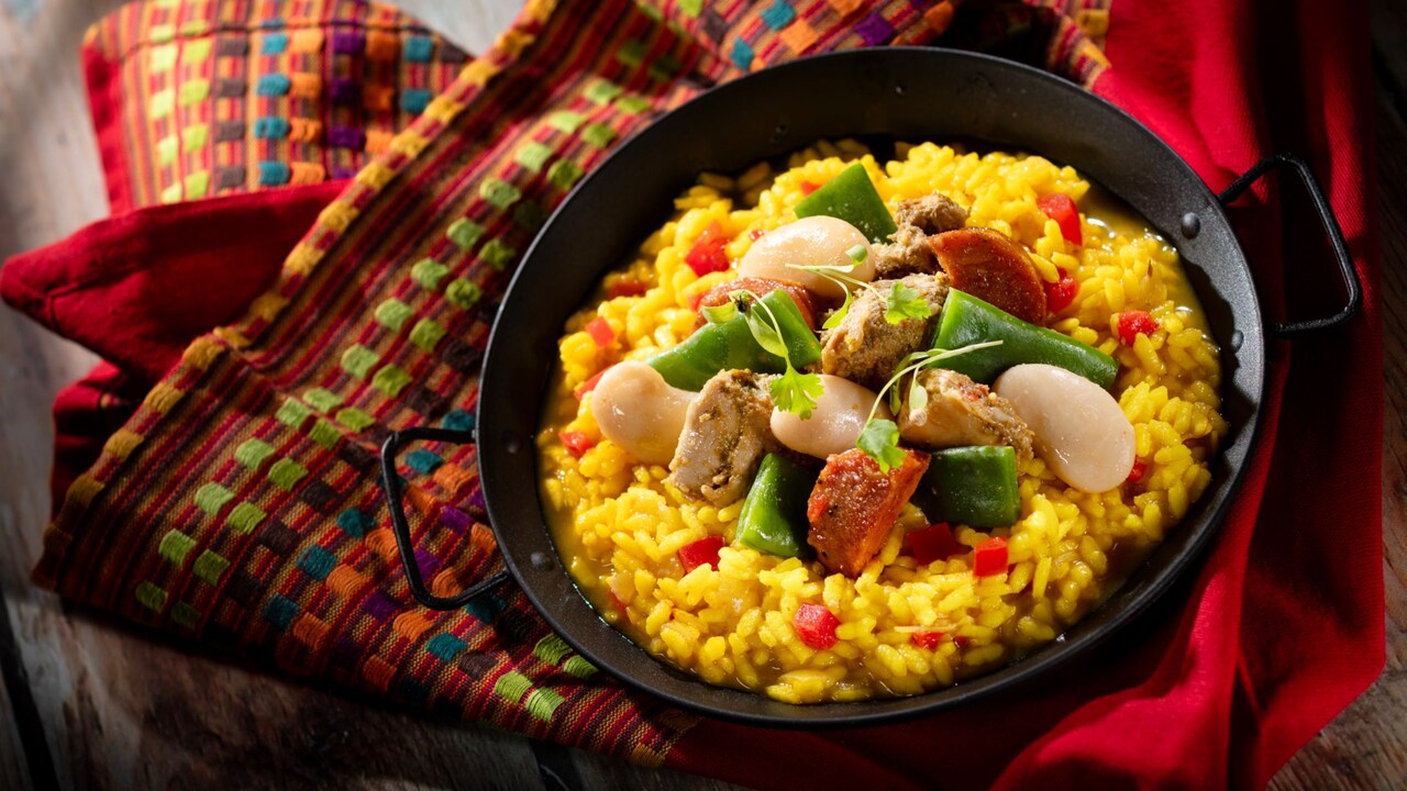 Paella Caldoso, with chicken, chorizo, gigante beans, romano beans and saffron rice
