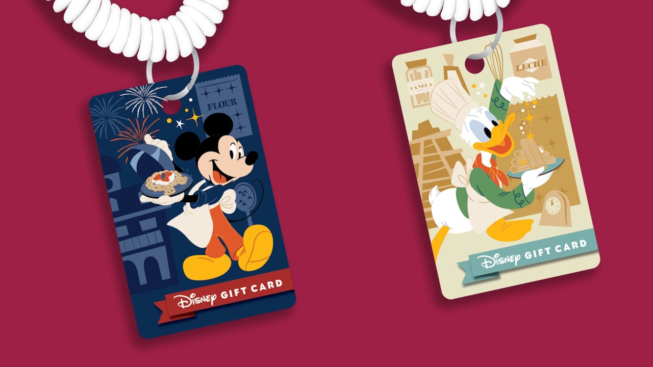 An illustration of Mickey Mouse and Donald Duck on 2 Disney gift cards, each attached to a coil bracelet