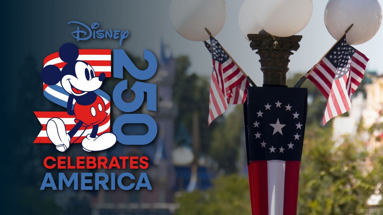 A logo for Disney Celebrates America over an image of American flags on a light pole