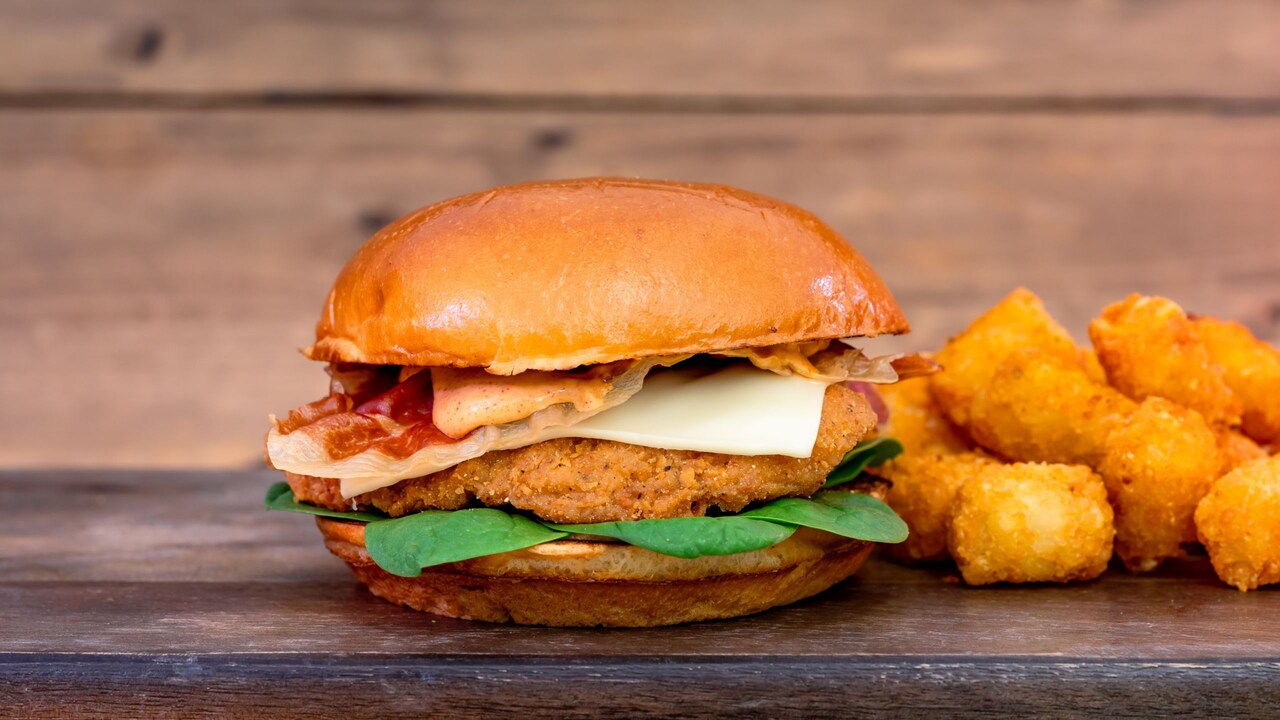 A Chicken Cordon Bleu Sandwich with a side of tater tots from Red Rose Taverne at Disneyland Resort