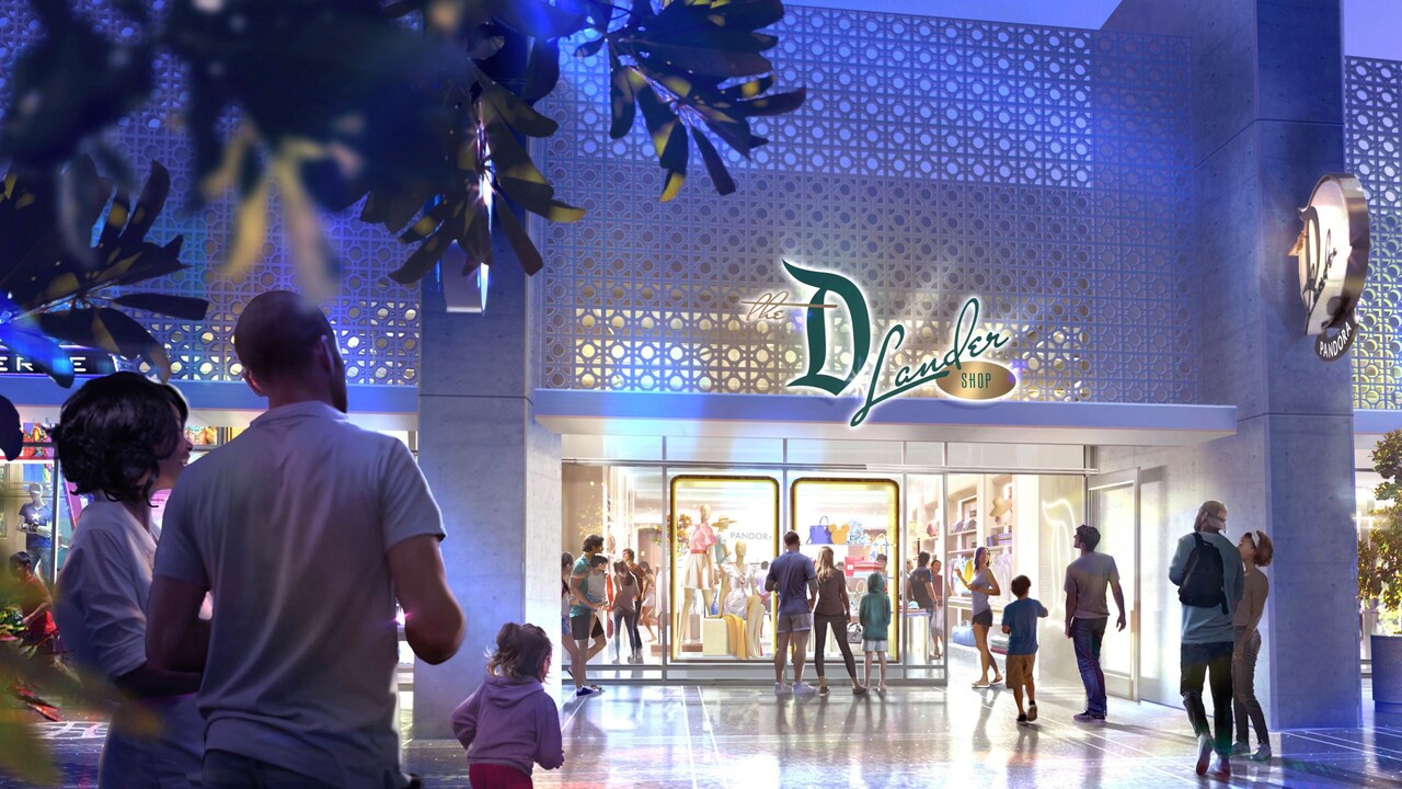 Rendering of people near the main entrance to The D Lander Shop at the Downtown Disney District