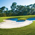 A sand trap shaped like the Mickey icon nearby a hole at Disney’s Magnolia Golf Course