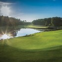 Lush greenery, palm trees and shimmering waters lead to a hole at Disney’s Palm Golf Course