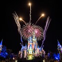 Fireworks bursting in the night sky over Cinderella Castle
