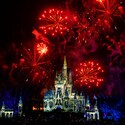 Fireworks bursting above Cinderella Castle at night