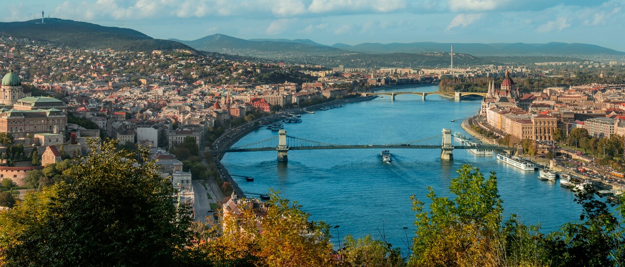 The Danube River with 2 bridges and city buildings on both shores