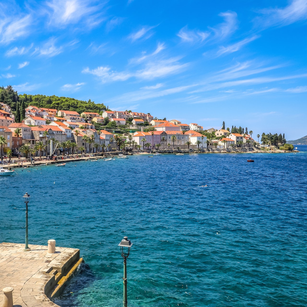 Buildings in the seaside town on Korcula, Croatia between the Adriatic Sea and a forested hillside