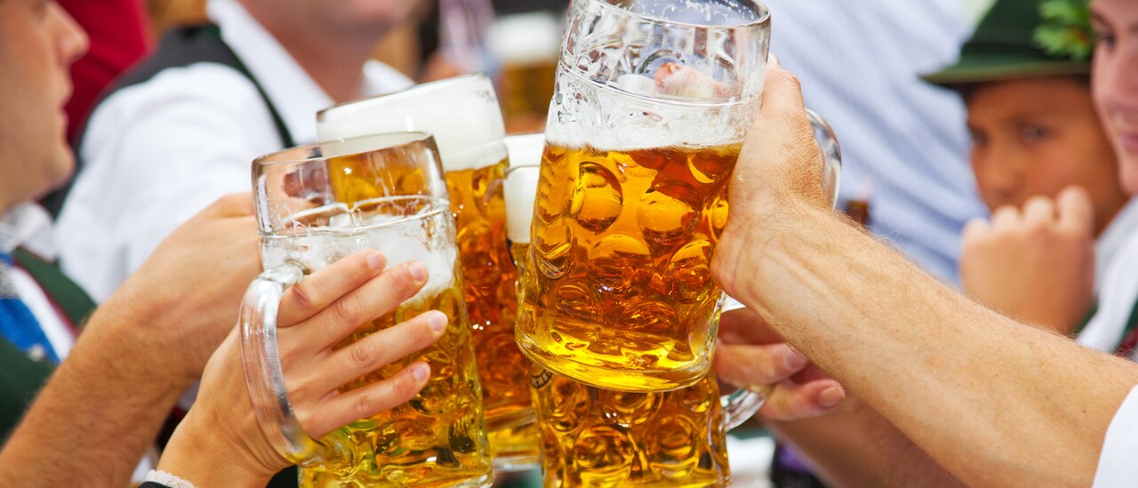 Four steins of beer are raised in a toast