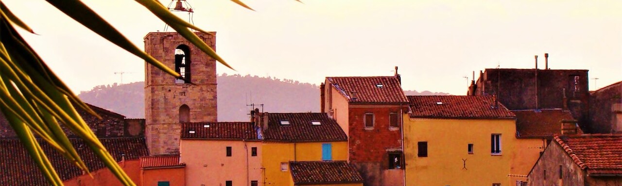 A cluster of buldings and a bell tower in the town of Toulon, France at sunset with palm leaves in the foreground A cluster of buldings and a bell tower in the town of Toulon, France at sunset with palm leaves in the foreground