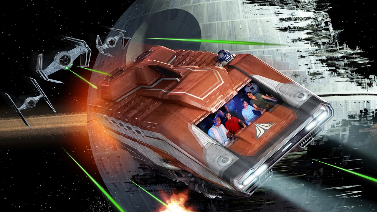 A Starspeeder 1000 races past the Deathstar while being shot at with lasers