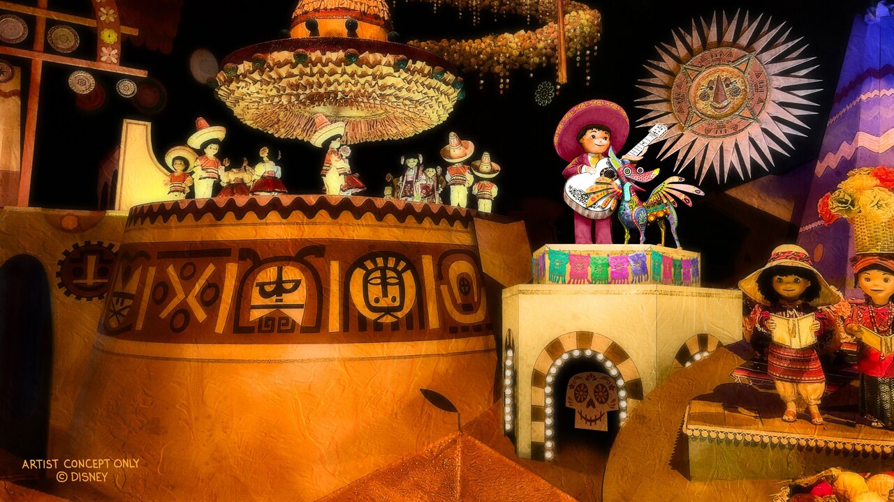 Una representación artística de Miguel y Dante de Coco junto a otros niños mexicanos en “it's a small world”
