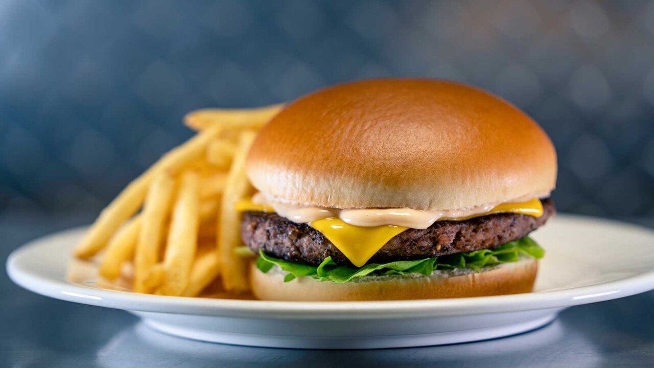 Una hamburguesa de queso y papas fritas de Galactic Grill