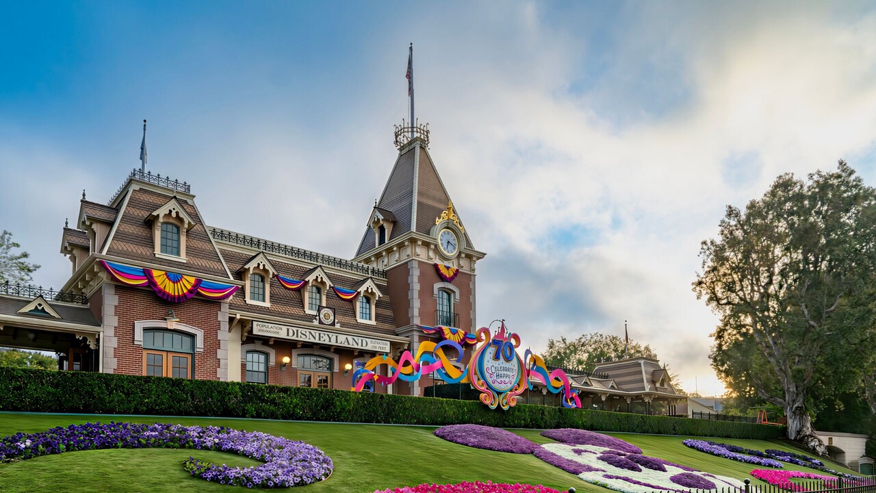 The Disneyland Railroad Main Street U S A Station decorated for the Disneyland Resort 70th Celebration