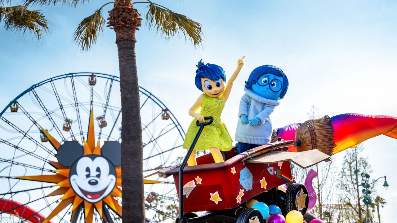 Joy and Sadness riding the Rocket Wagon from the movie ′Inside Out′ on top of a float during ′Better Together, A Pixar Pals Celebration′ at the Disneyland Resort