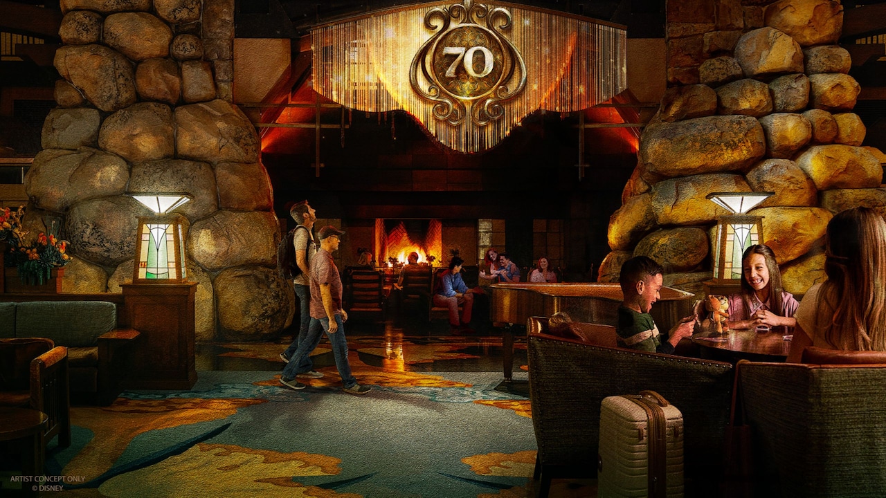 An artist rendering of Guests sitting and walking near a large stone fireplace decorated with a shimmering '70' emblem inside a rustic lodge style lobby