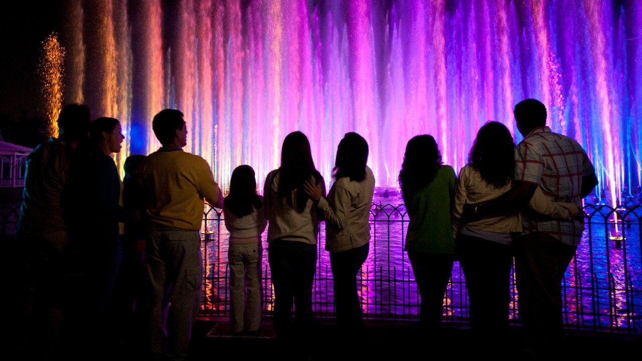 Visitantes de pie en un área de observación preferencial disfrutan del espectáculo World of Color