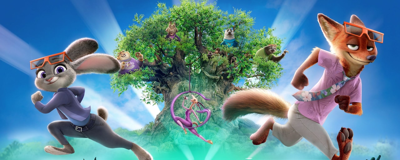 A digital rendition of animals enjoying a scene from the Zootopia Better Zoogether 4D show featuring Judy Hopps, Nick Wilde and other Zootopia characters 