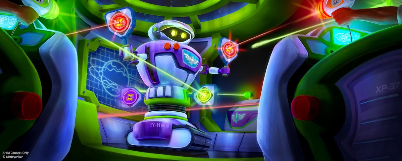 The arms of 2 Guests blasting lasers towards Zurg while riding Buzz Lightyear's Space Ranger Spin