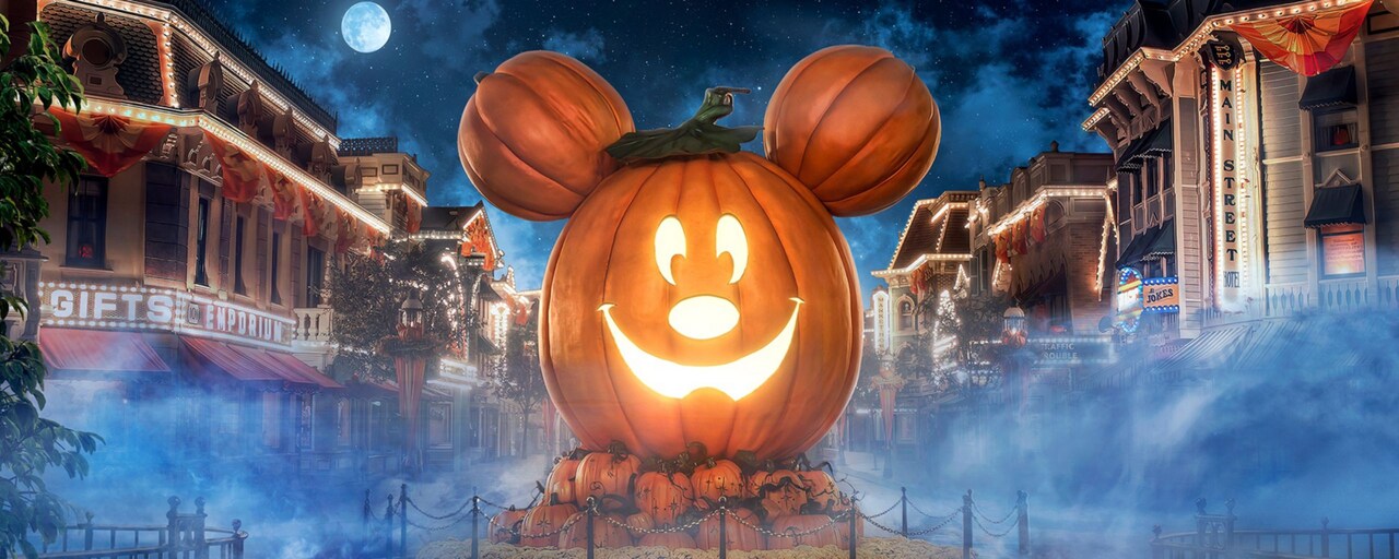 A Giant Mickey Pumpkin on Main Street U.S.A. during Halloween Time at the Disneyland Resort.