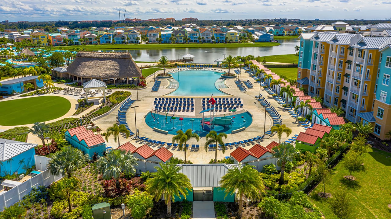 Panoramic view of the outdoor pool area and its surroundings at Embassy Suites by Hilton Orlando Sunset Walk