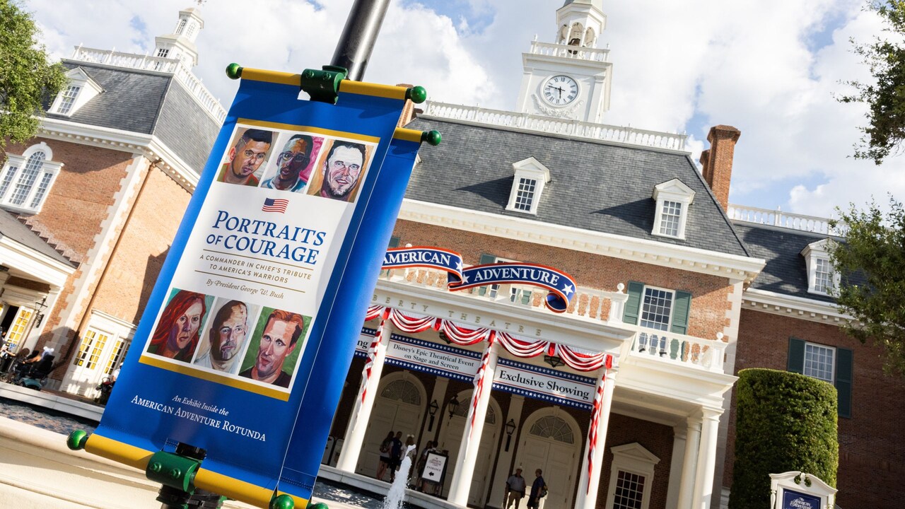 A sign reading ‘Portraits of Courage’ outside the American Adventure in Epcot