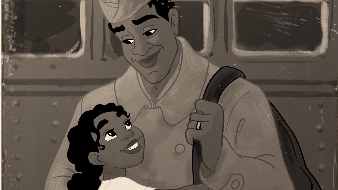 An illustration of a young Princess Tiana and her father James in his US military uniform