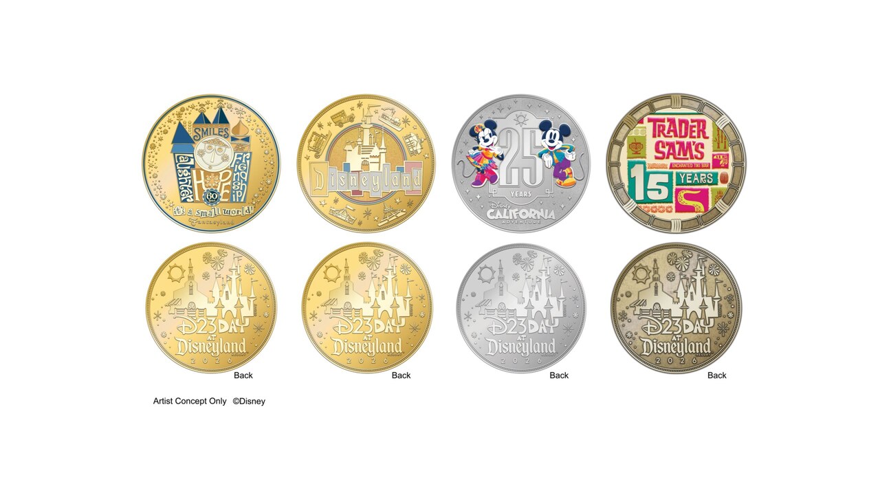 The front and back of 4 commemorative medallions celebrating D23 Day at Disneyland Resort 
