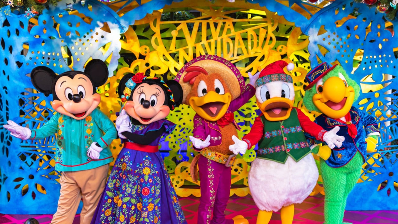 Mickey Mouse, Minnie Mouse and The Three Caballeros wearing Disney Viva Navidad Street Party outfits