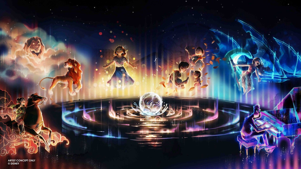 Una ilustración de un nuevo espectáculo nocturno, World of Color One, con varios personajes de Disney y Disney Pixar, incluyendo Joe de la película “Soul”, Simba de The Lion King y Moana