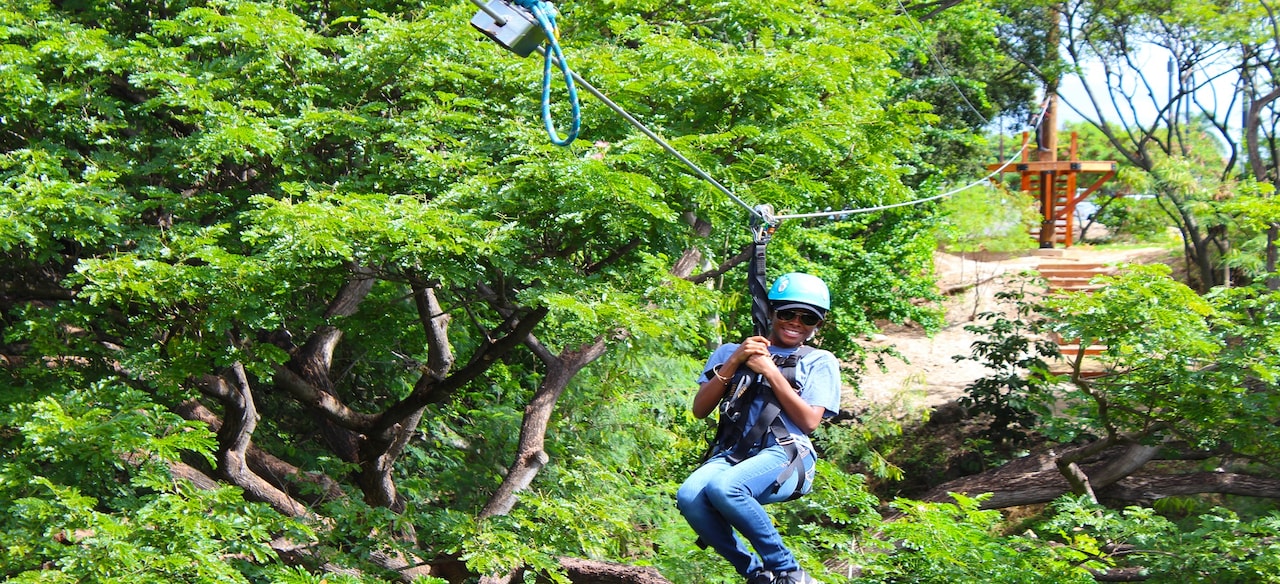 A helmeted rider on a zip line traversing a canopy of trees