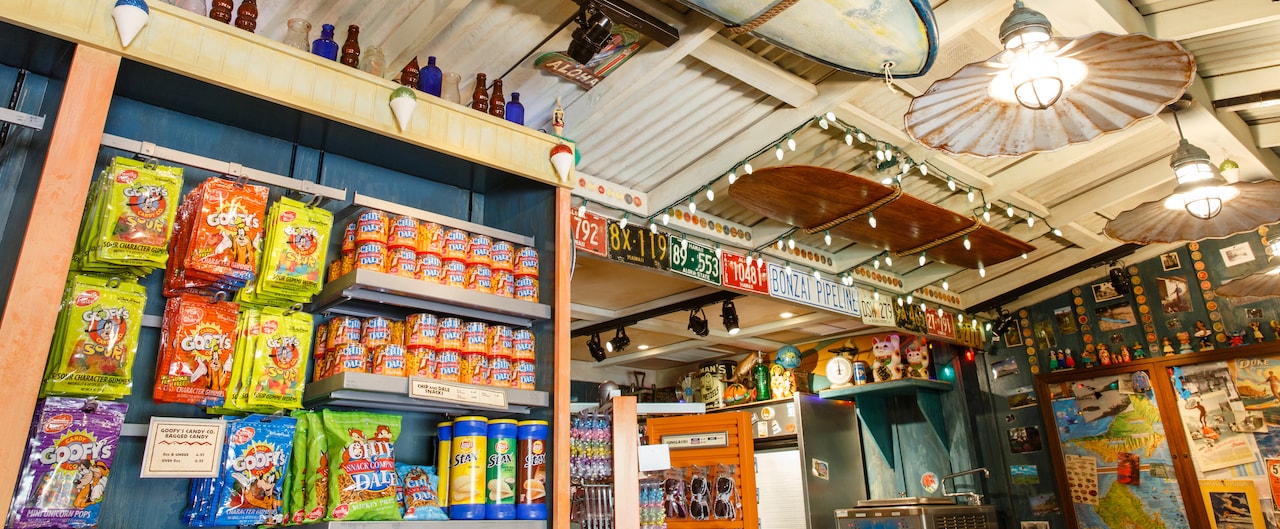 A wall display of candy, nuts, pretzels and chips at Lava Shack