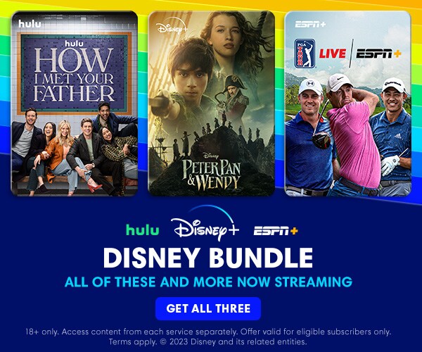 Logos and images of programming for hulu, Disney Plus and E S P N Plus, with the words, ‘Disney Bundle, All of These and More Now Streaming’, and a linked button with the words, ‘Get All Three’, and a disclaimer that includes the words, ‘Terms apply'