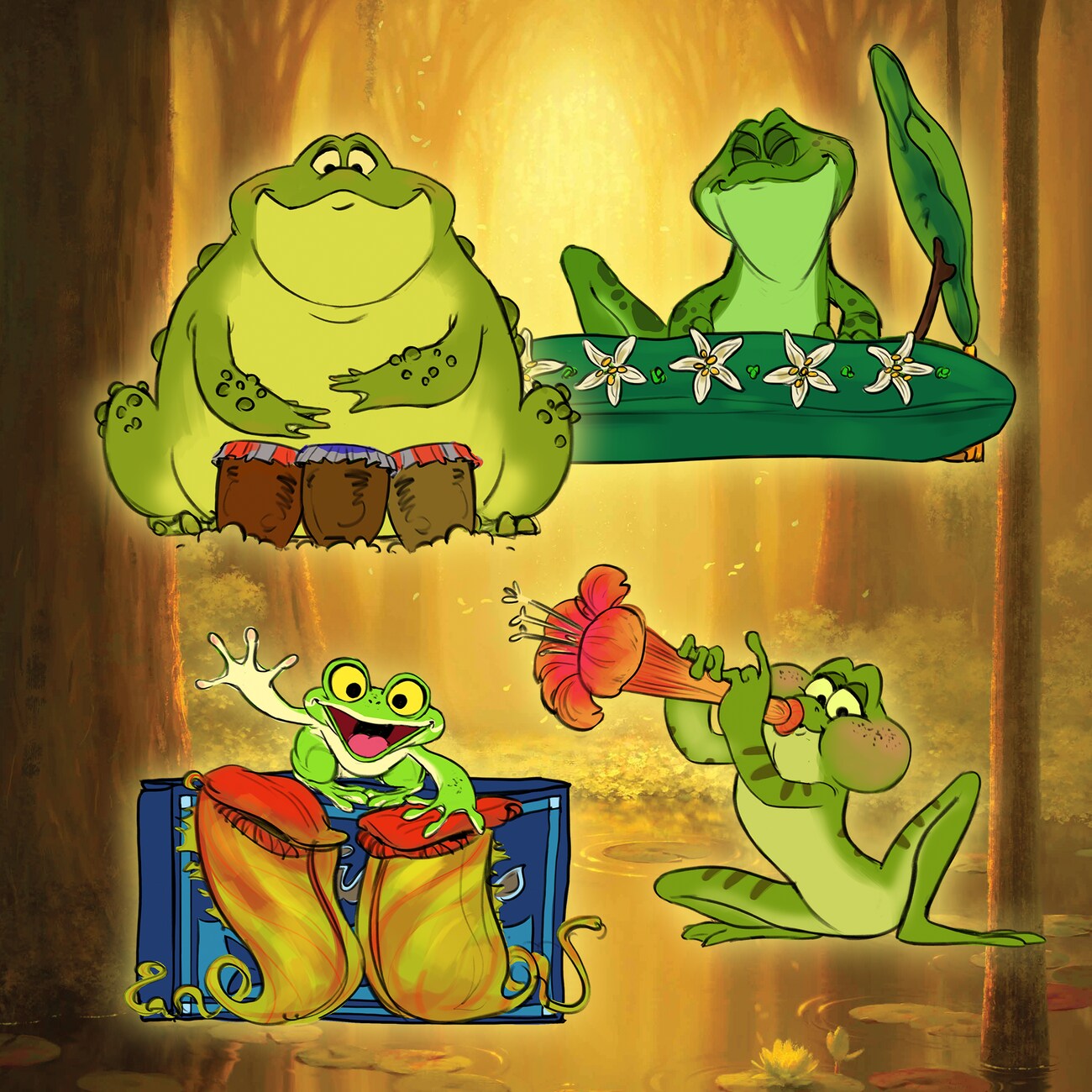 Four illustrated frogs from Tiana's Bayou Adventure playing instruments in a forest 