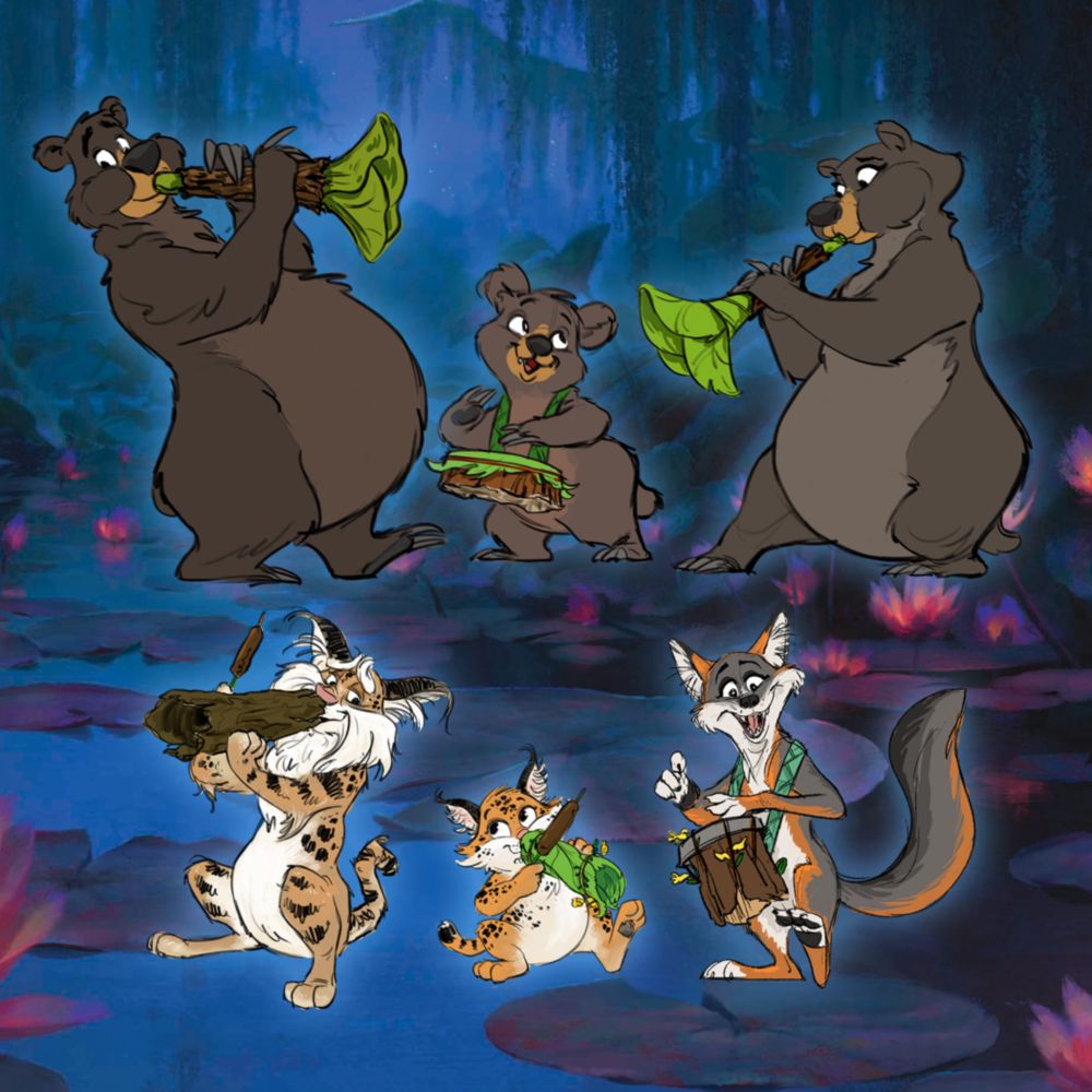 An illustrated fox, 2 bobcats and 3 bears from Tiana's Bayou Adventure playing instruments in a forest at night